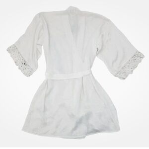 In Bloom By Jonquil White Satin & Lace Soft Short Robe Kimono Bridal Boho XS/S